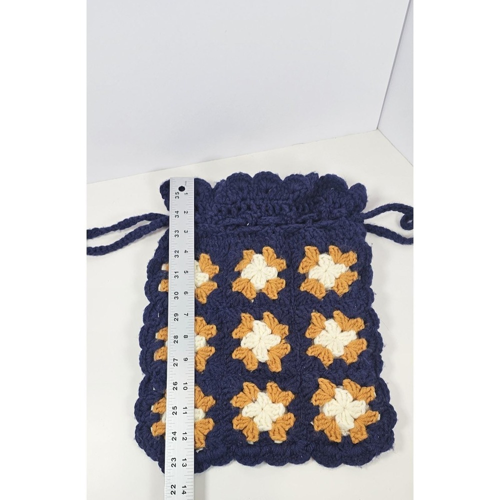 Hand Crocheted Drawstring Bag Granny Square Navy Blue Orange Lined Tote - Picture 5 of 5